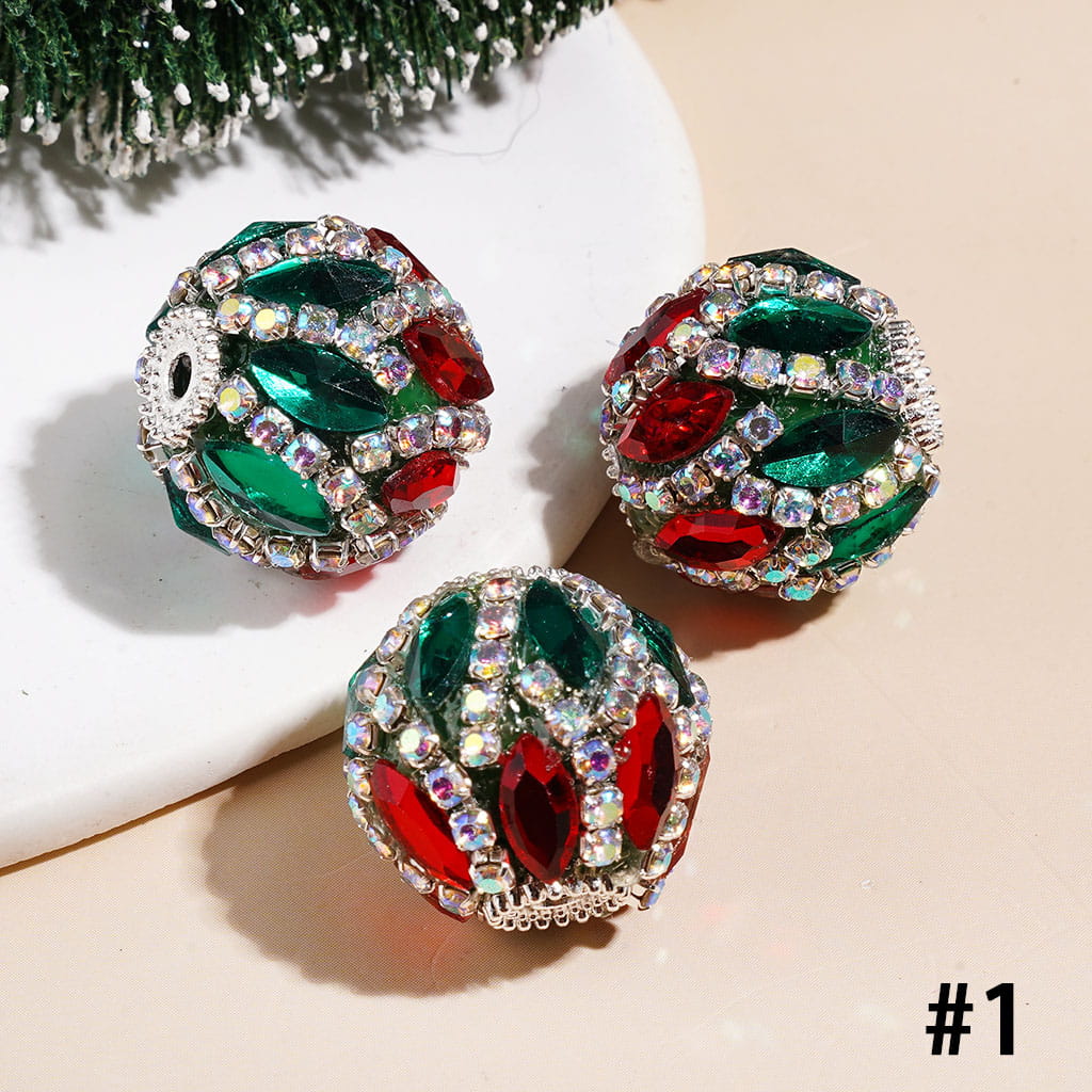 Christmas Handmade Acrylic Beads with Heart & Marquise Cut Rhinestones, White Pearl & AB Rhinestone Chains, 20MM, Green Red Base