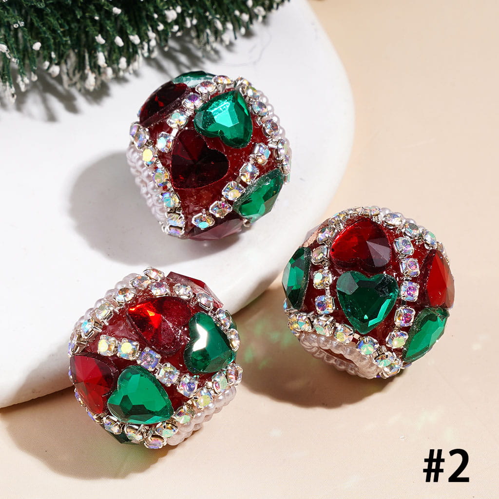 Christmas Handmade Acrylic Beads with Heart & Marquise Cut Rhinestones, White Pearl & AB Rhinestone Chains, 20MM, Green Red Base