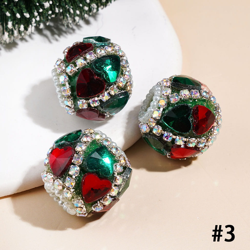 Christmas Handmade Acrylic Beads with Heart & Marquise Cut Rhinestones, White Pearl & AB Rhinestone Chains, 20MM, Green Red Base
