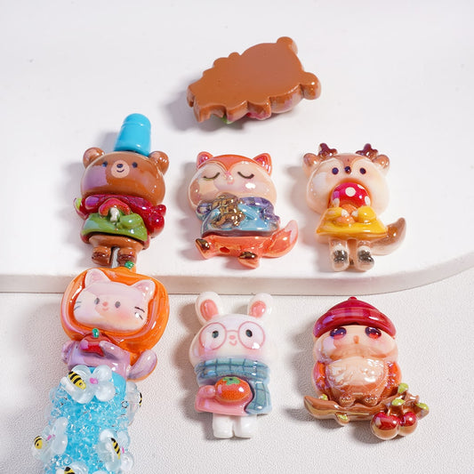 Acrylic Beads UV Coating Cute Animals Fox Deer Cat Owl Bunny Bear, Random Mix