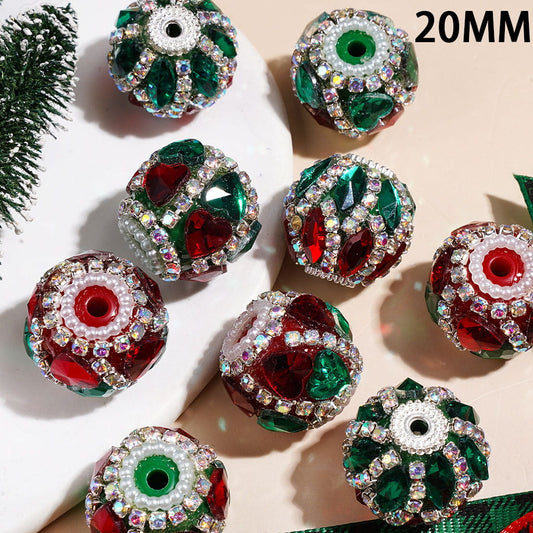 Christmas Handmade Acrylic Beads with Heart & Marquise Cut Rhinestones, White Pearl & AB Rhinestone Chains, 20MM, Green Red Base