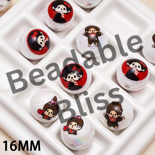 Acrylic Beads for Bracelets UV Coating Monkey Doll Character Series, 16MM, Random Mix