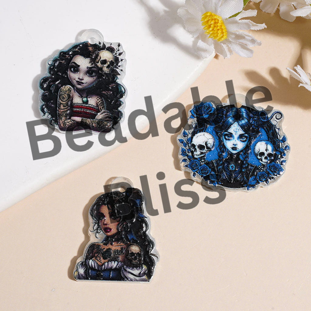 Skull Fairy Tale Princess Tattoo Series Halloween Theme Acrylic Pendants, Random Mix