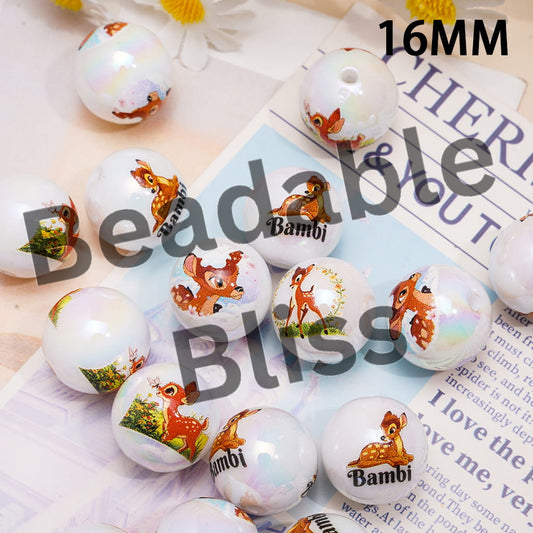 Acrylic Beads for Bracelets UV Coating with Cute Deer Character Series, 16MM, Random Mix