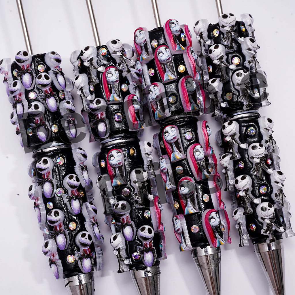 Beadable Clay Pens with Halloween Skull Skeleton Couple Character Series and AB Rhinestones