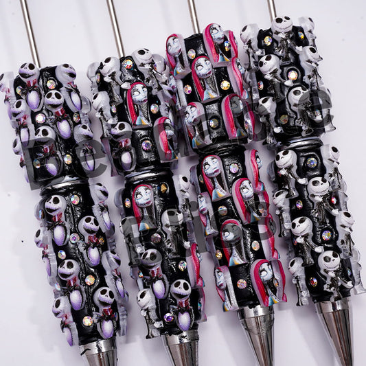 Beadable Clay Pens with Halloween Skull Skeleton Couple Character Series and AB Rhinestones