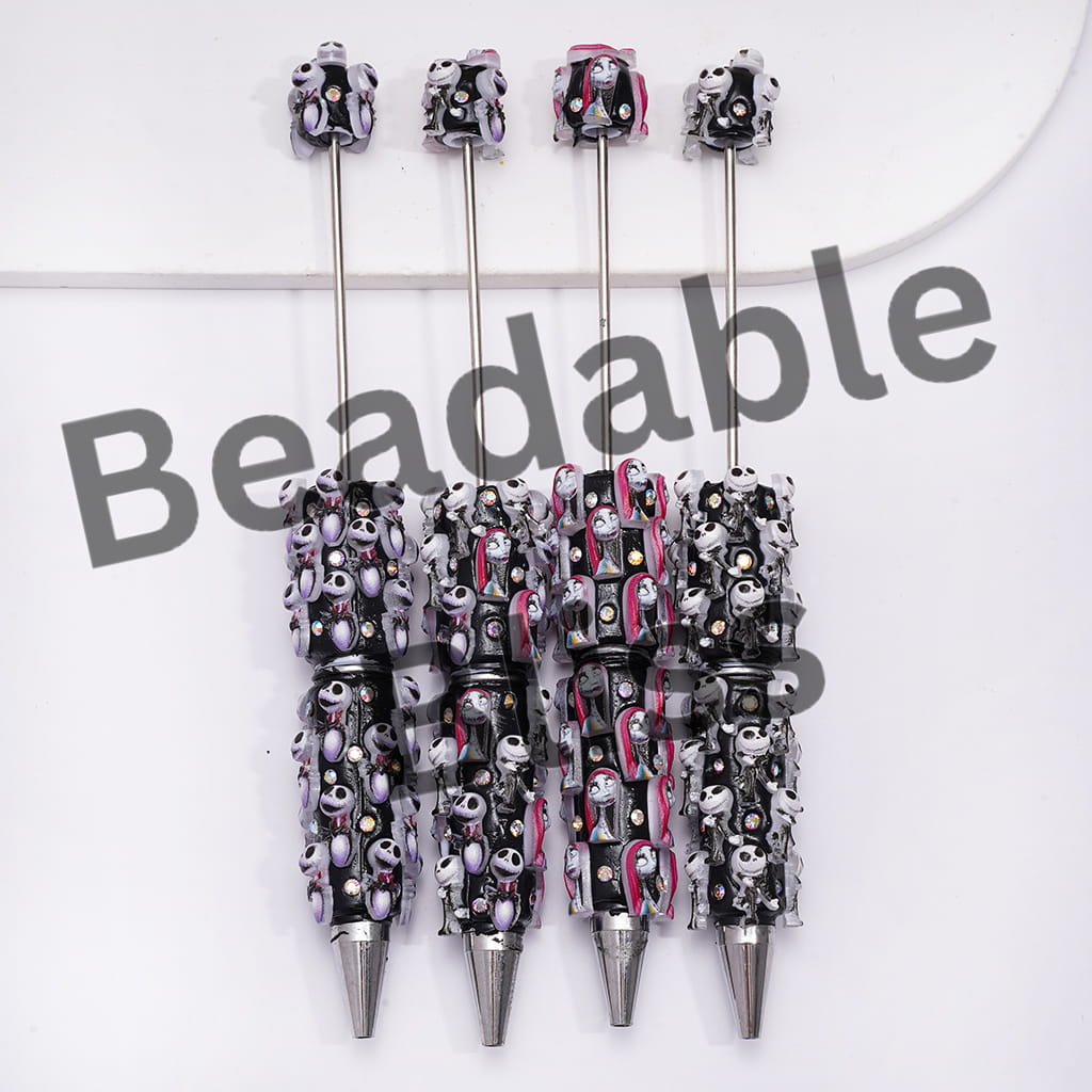 Beadable Clay Pens with Halloween Skull Skeleton Couple Character Series and AB Rhinestones