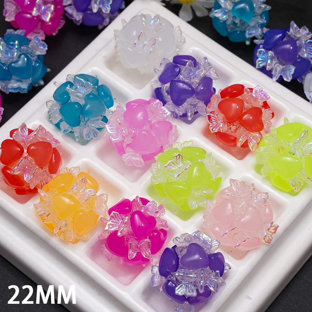 Handmade Acrylic Beads with Neon Hearts and UV Coating Butterflies, 22MM, Random Mix