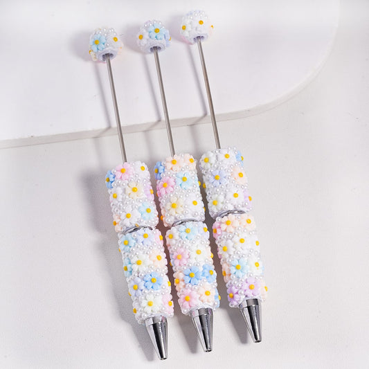Beadable Clay Pen with Mini Cute Flowers White Pearls