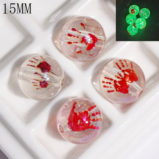 UV-Coated Acrylic Beads for Bracelets Luminous with Red Hand Prints, Transparent, Round Shape, 15MM Random Mix