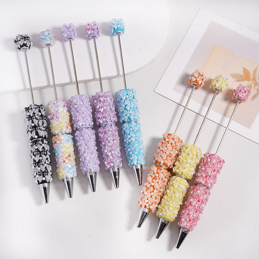 Beadable Clay Pen with Mini Cute Flower Printed Bowknot White Pearls, Random Mix