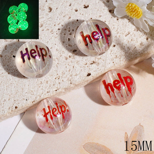 UV-Coated Acrylic Beads for Bracelets Luminous with Red Text "Help" Pattern, Clear, Round Shape, 15MM Random Mix