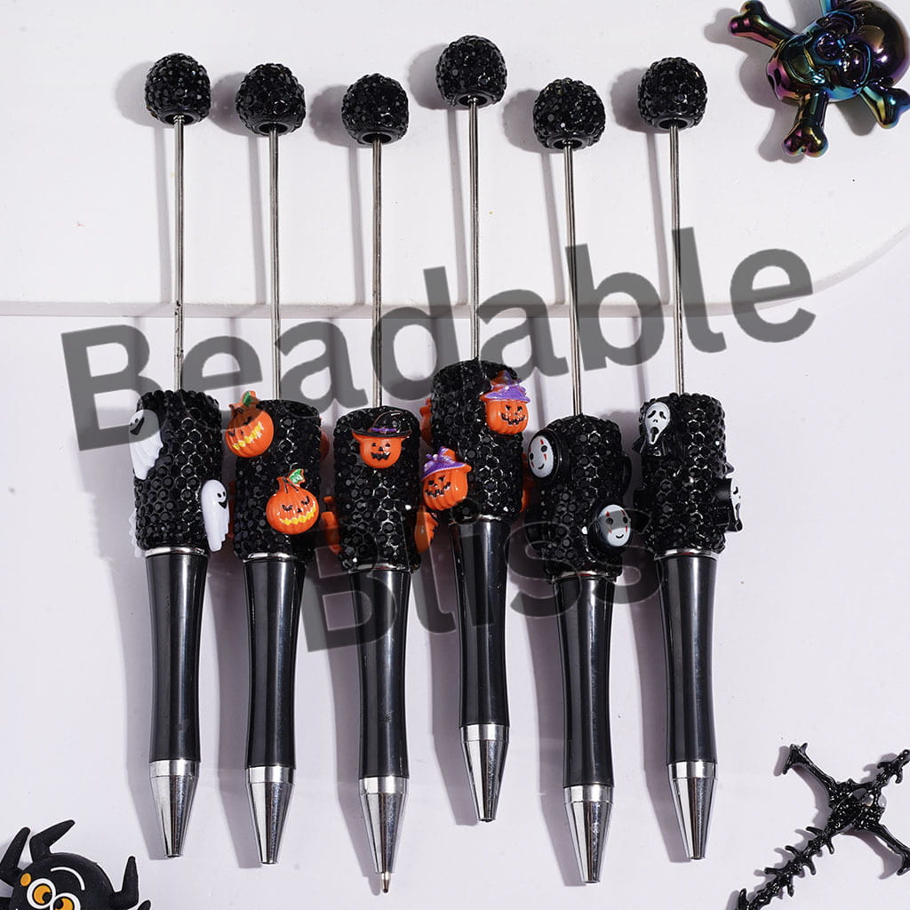 Ghost Pumpkin and Black Rhinestones Beadable Clay Pens, Halloween Theme