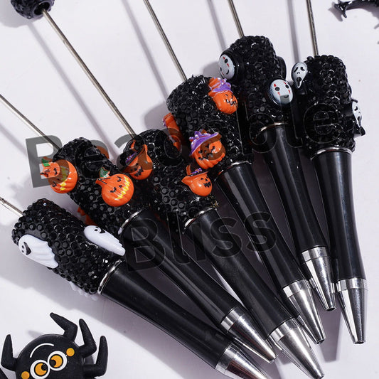Ghost Pumpkin and Black Rhinestones Beadable Clay Pens, Halloween Theme