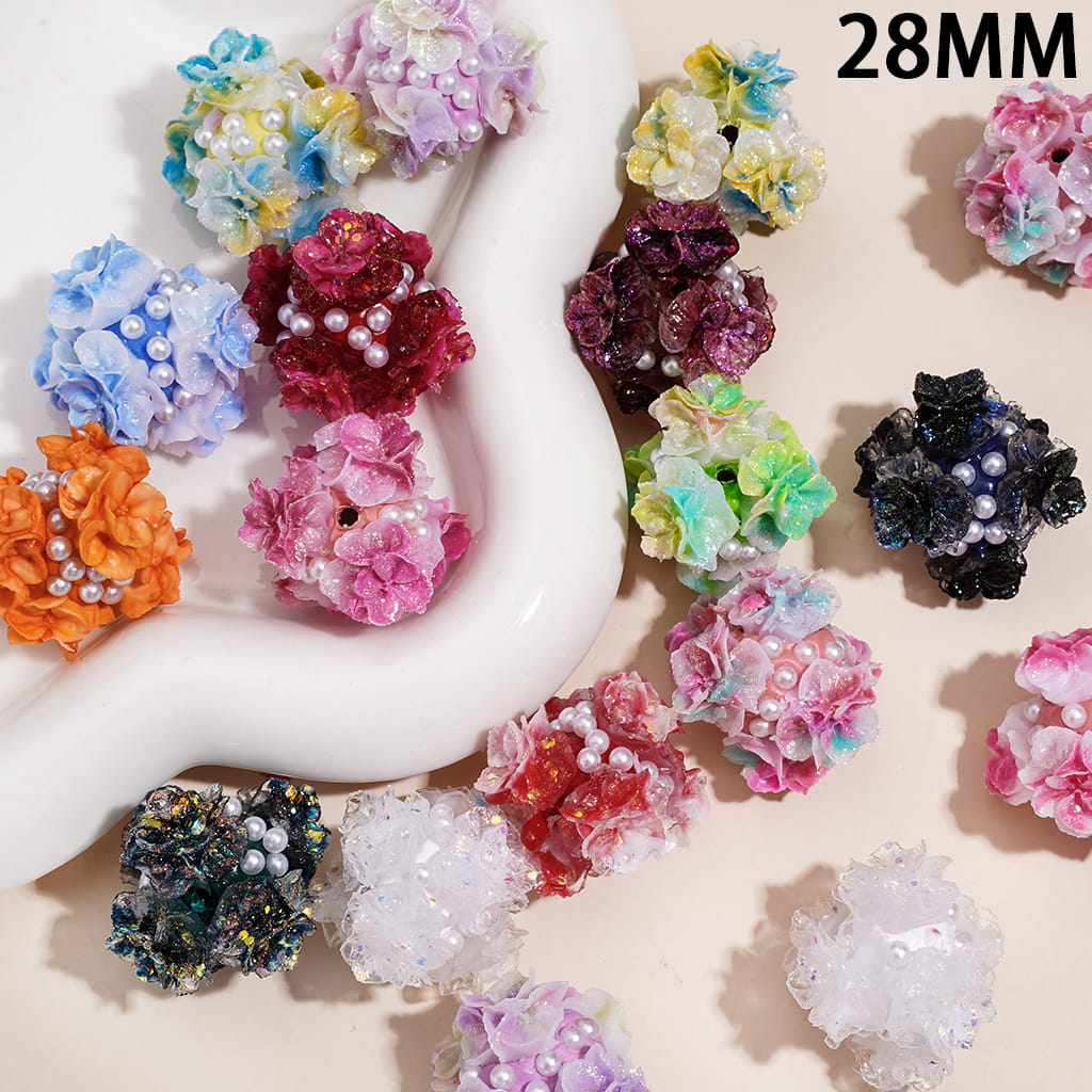 Clay Beads with Luminous Glitter Hydrangea Flowers and White Pearls, 28MM, Multi-Color, Random Mix