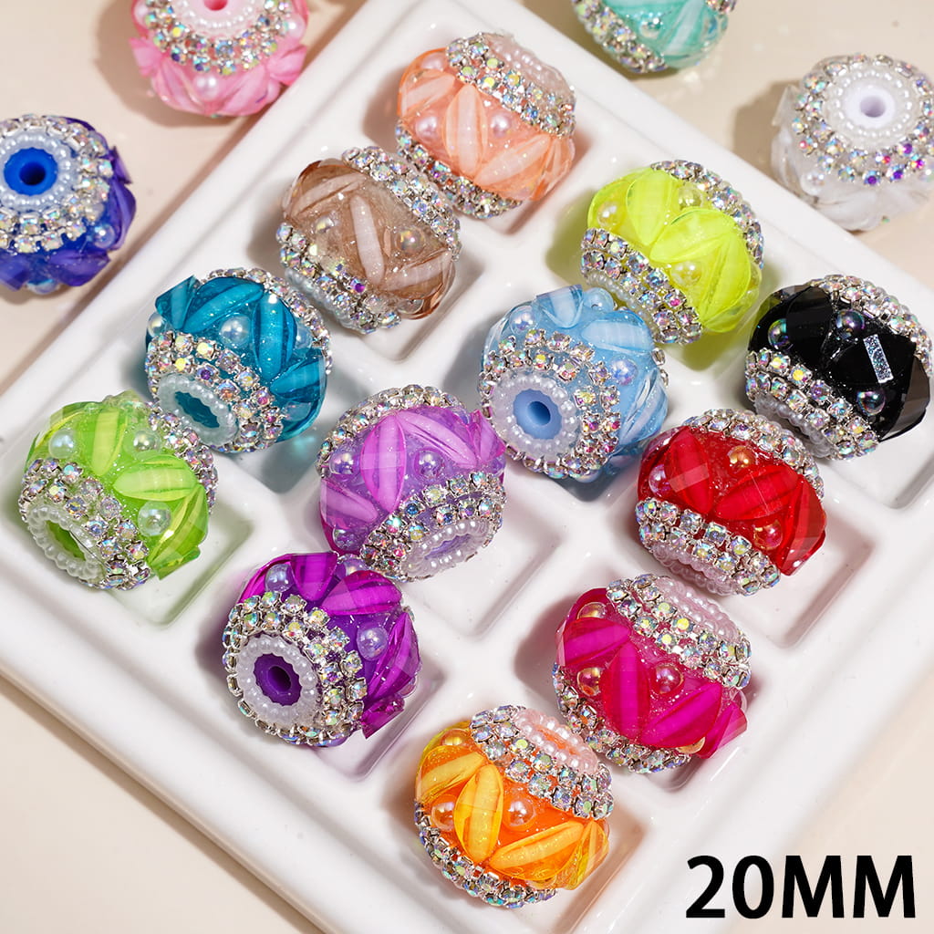 Handmade Acrylic Beads w Leaf Rhinestones & UV Coating Half-Shell Pearls, AB Rhinestone & White Pearl Chains, 20MM, Neon Colors