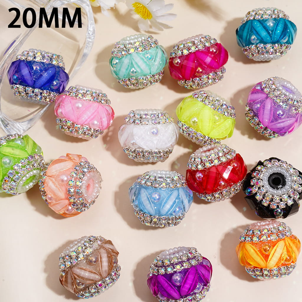 Handmade Acrylic Beads w Leaf Rhinestones & UV Coating Half-Shell Pearls, AB Rhinestone & White Pearl Chains, 20MM, Neon Colors