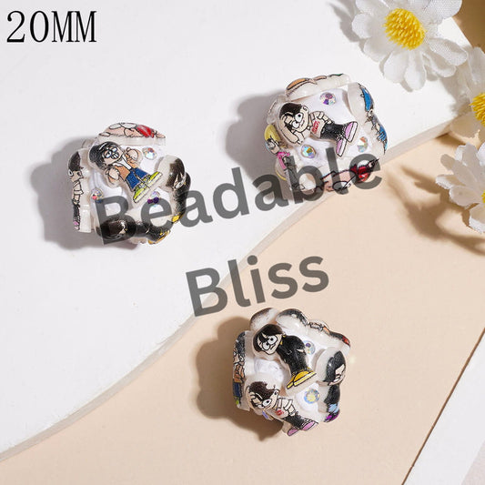 Clay Beads with Cartoon Style Boy and Cute Dog, AB Rhinestones, 20MM