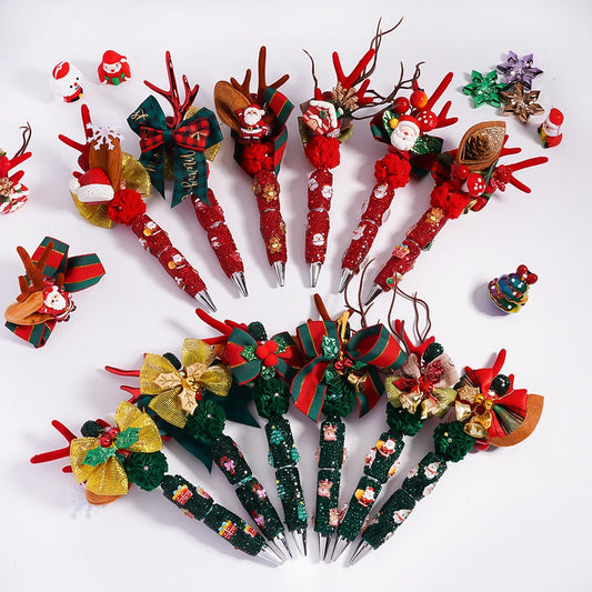 Beadable Clay Pen with Red Green Rhinestones Christmas Series Cute Deer Horn Bowknot Father Christmas Tree Candy Cane Elk Snowman Bell