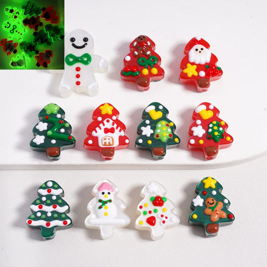 Acrylic Beads Luminous Hand Painted Cute Different Christmas Tree Snowman, Random Mix