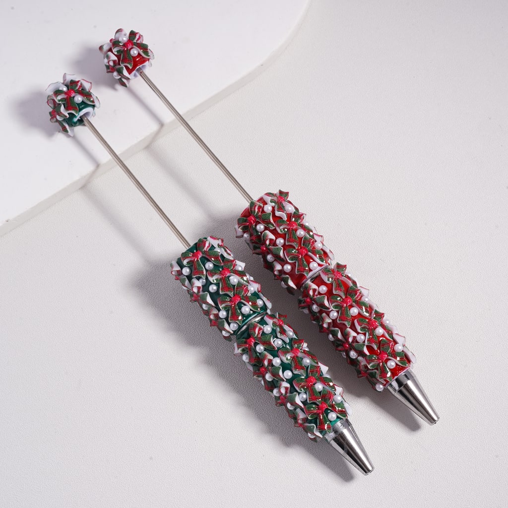 Christmas Series Beadable Clay Pen with Red & Green Bowknots White Pearls