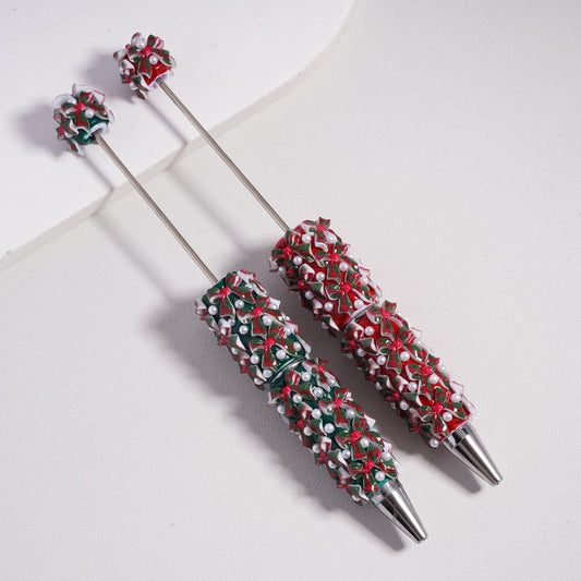 Christmas Series Beadable Clay Pen with Red & Green Bowknots White Pearls