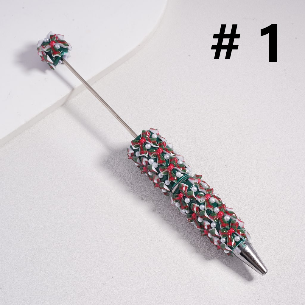 Christmas Series Beadable Clay Pen with Red & Green Bowknots White Pearls