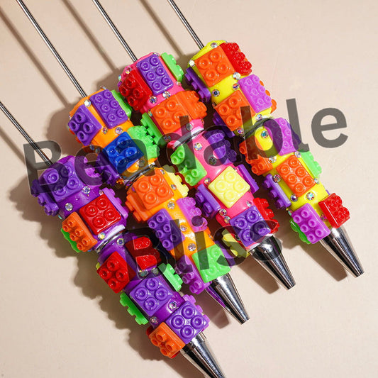 Beadable Clay Pens with Building Block Bricks Piece and AB Rhinestones, Fluorescent Colors Series