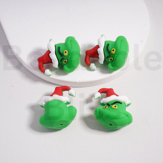 Silicone Focal Beads 3D Green Monster Grinc with Red Christmas Hat