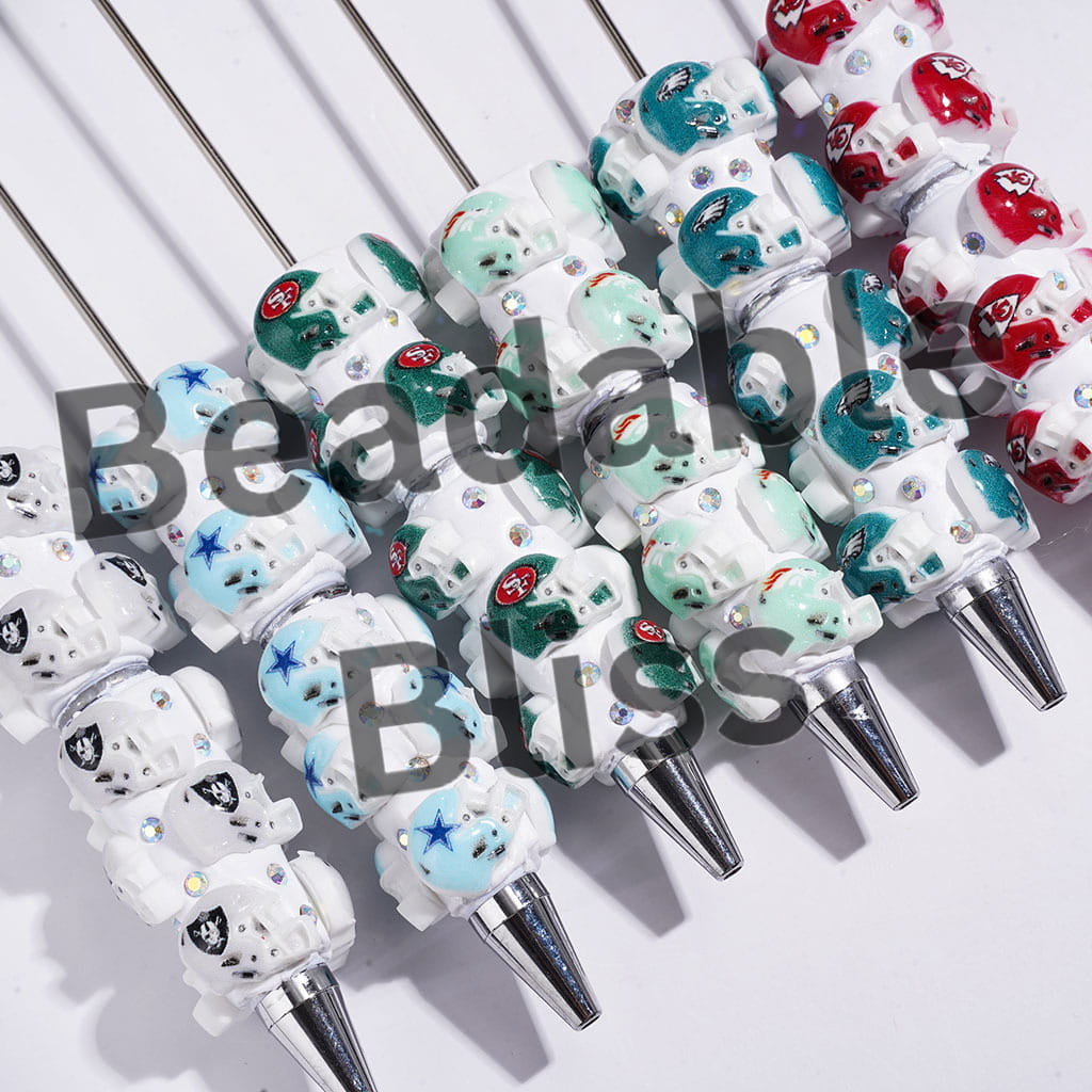 Beadable Clay Pens with American Football Helmet and AB Rhinestones, Assorted Team Series