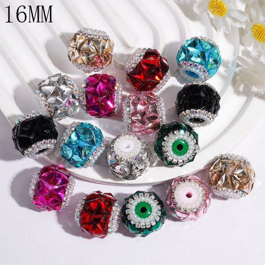 Handmade Acrylic Beads w Triangular Rhinestones, White Pearl & AB Rhinestone Chains, 16MM Multi-Color Random Mix