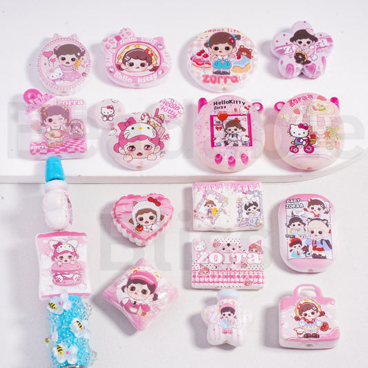 Acrylic Beads Pendants Cute Hello Kitt & Baby Zora Series, Pink Color Mix