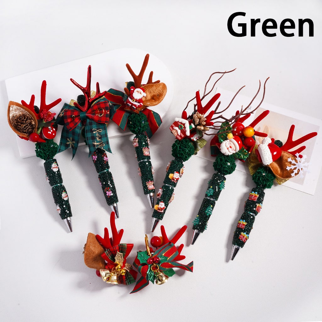 Beadable Clay Pen with Red Green Rhinestones Christmas Series Cute Deer Horn Bowknot Father Christmas Tree Candy Cane Elk Snowman Bell