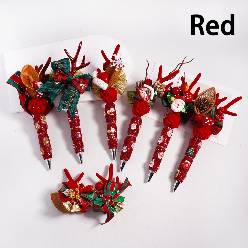 Beadable Clay Pen with Red Green Rhinestones Christmas Series Cute Deer Horn Bowknot Father Christmas Tree Candy Cane Elk Snowman Bell
