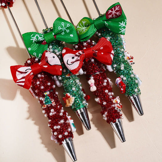 Handmade Christmas Decoration and Fabric Bowtie Sugar Beadable Pens with Cone Shaped Rhinestones White Pearl Tiny Bubble Ball Covering the Entire Pen, Red Green