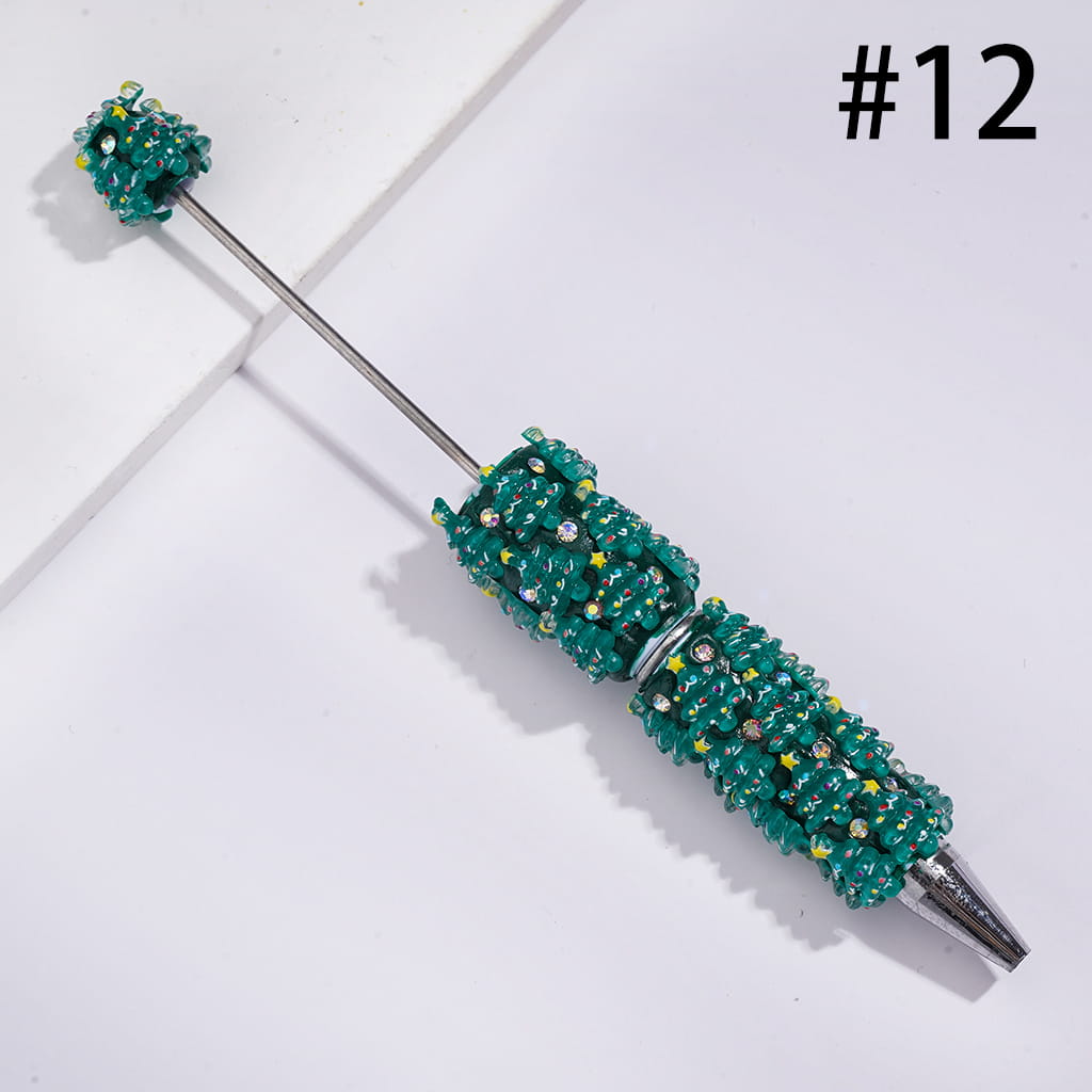 Christmassy Beadable Clay Pens with Christmas Items Series and AB Rhinestones, Green Pen Body