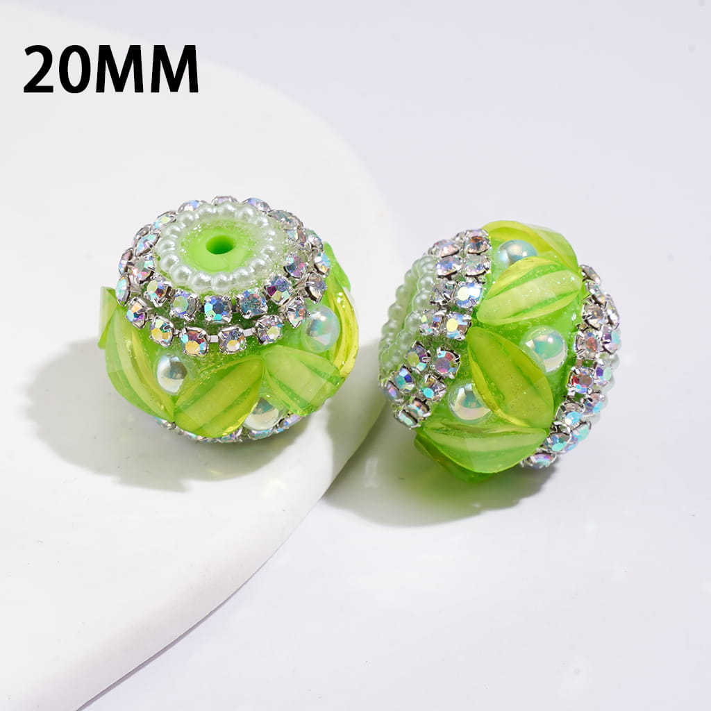 Handmade Acrylic Beads w Leaf Rhinestones & UV Coating Half-Shell Pearls, AB Rhinestone & White Pearl Chains, 20MM, Neon Colors