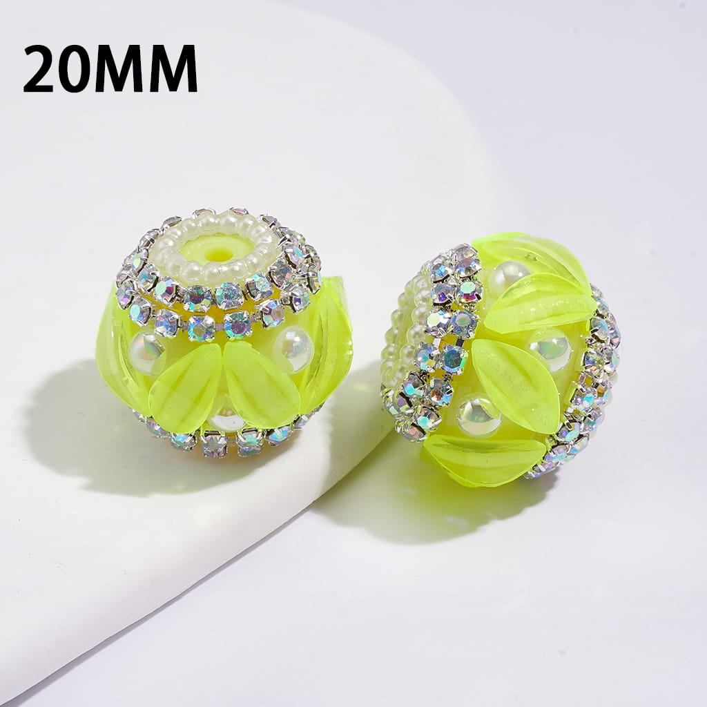 Handmade Acrylic Beads w Leaf Rhinestones & UV Coating Half-Shell Pearls, AB Rhinestone & White Pearl Chains, 20MM, Neon Colors