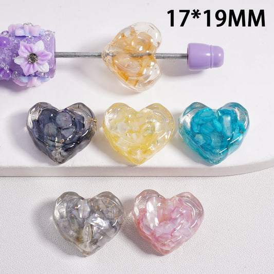 Acrylic Beads Mini Gold Foil Paper Broken Shells Inside, Clear Heart Shape, 17*19MM, Random Mix