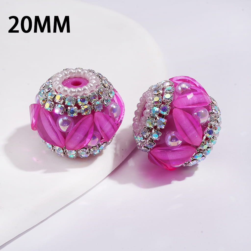 Handmade Acrylic Beads w Leaf Rhinestones & UV Coating Half-Shell Pearls, AB Rhinestone & White Pearl Chains, 20MM, Neon Colors