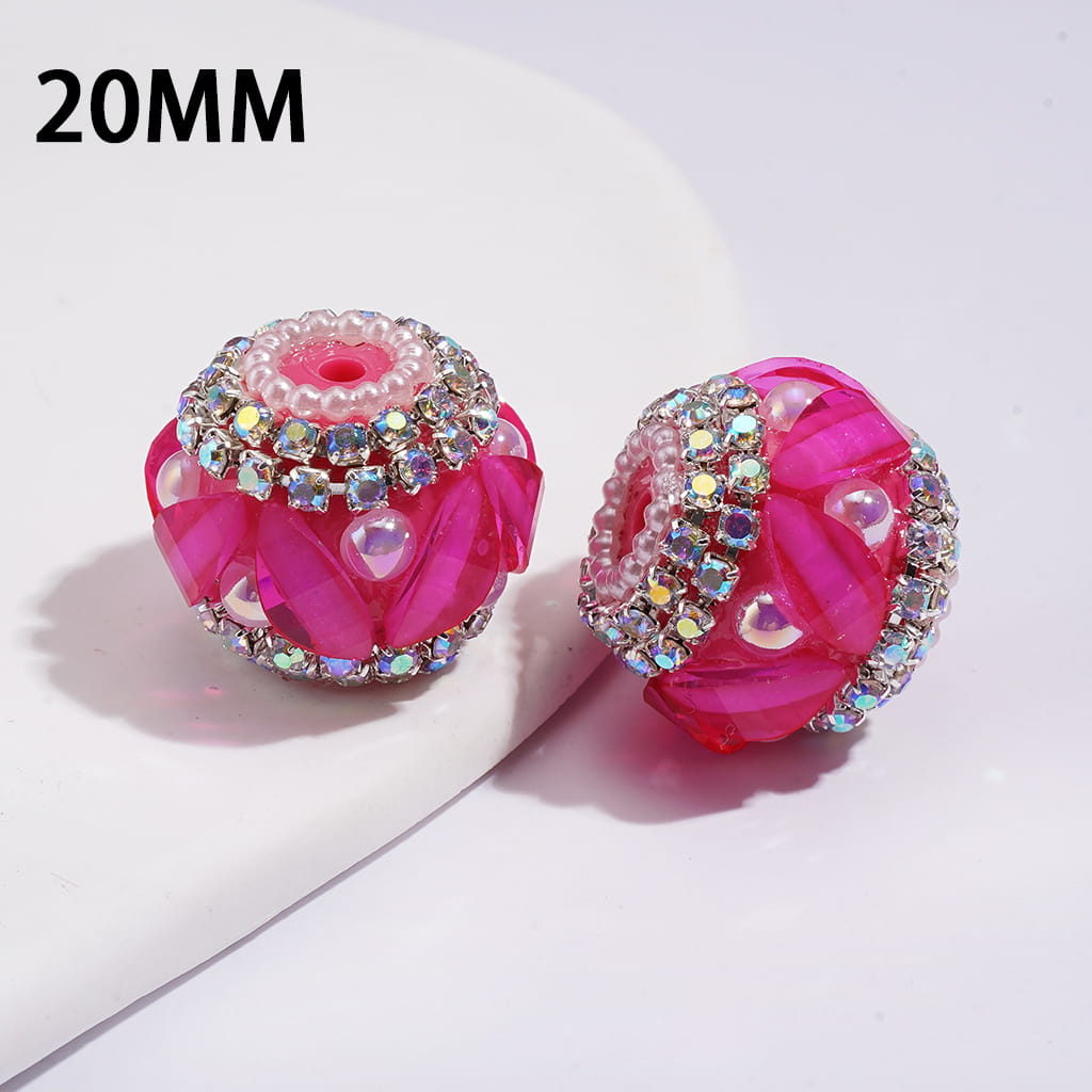 Handmade Acrylic Beads w Leaf Rhinestones & UV Coating Half-Shell Pearls, AB Rhinestone & White Pearl Chains, 20MM, Neon Colors