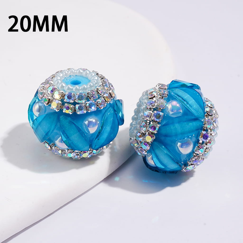 Handmade Acrylic Beads w Leaf Rhinestones & UV Coating Half-Shell Pearls, AB Rhinestone & White Pearl Chains, 20MM, Neon Colors