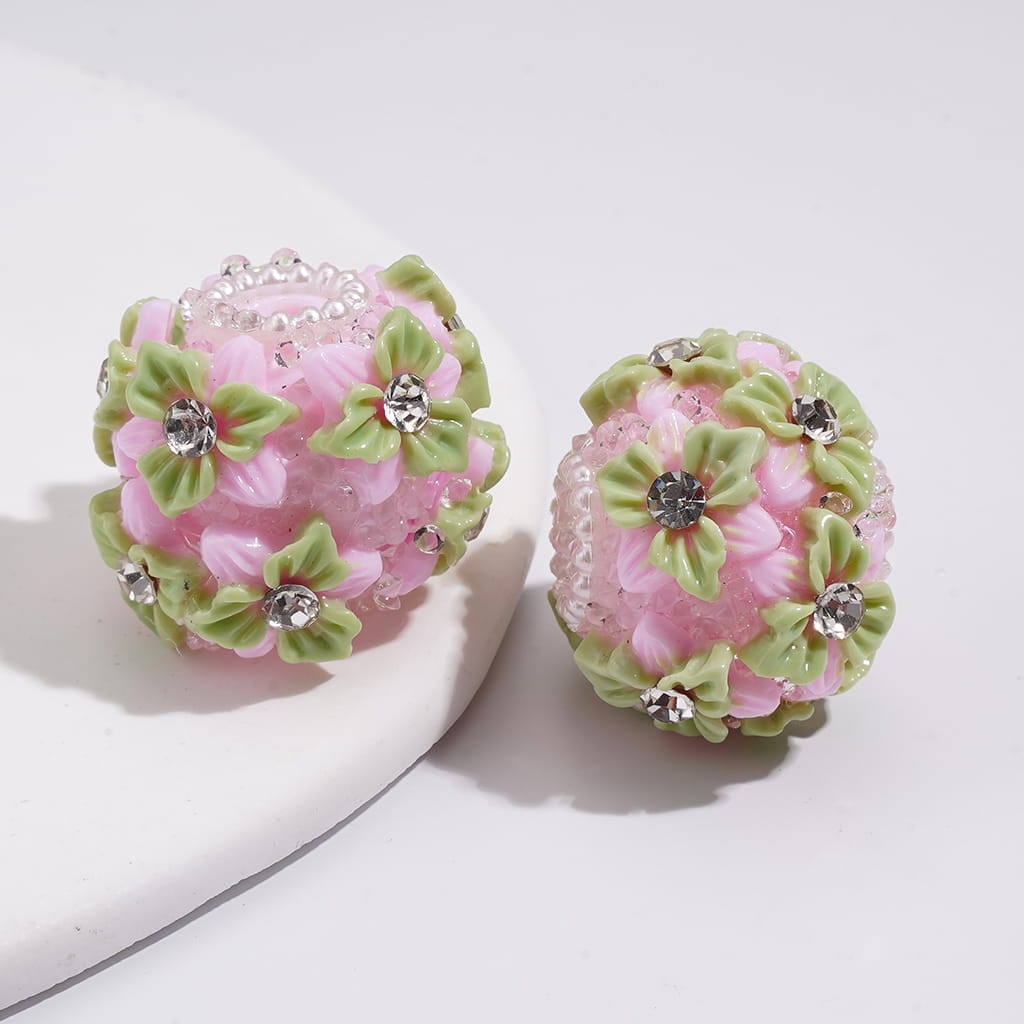 Multi-Color Cute Flowers Clear Rhinestone Inside White Pearls Ring Clear Sugars Round Clay Beads, 22MM