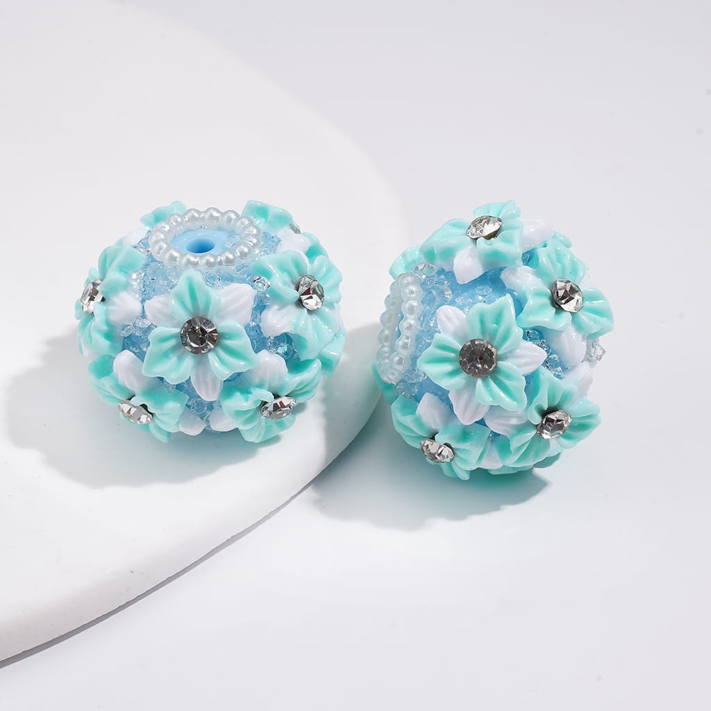 Multi-Color Cute Flowers Clear Rhinestone Inside White Pearls Ring Clear Sugars Round Clay Beads, 22MM
