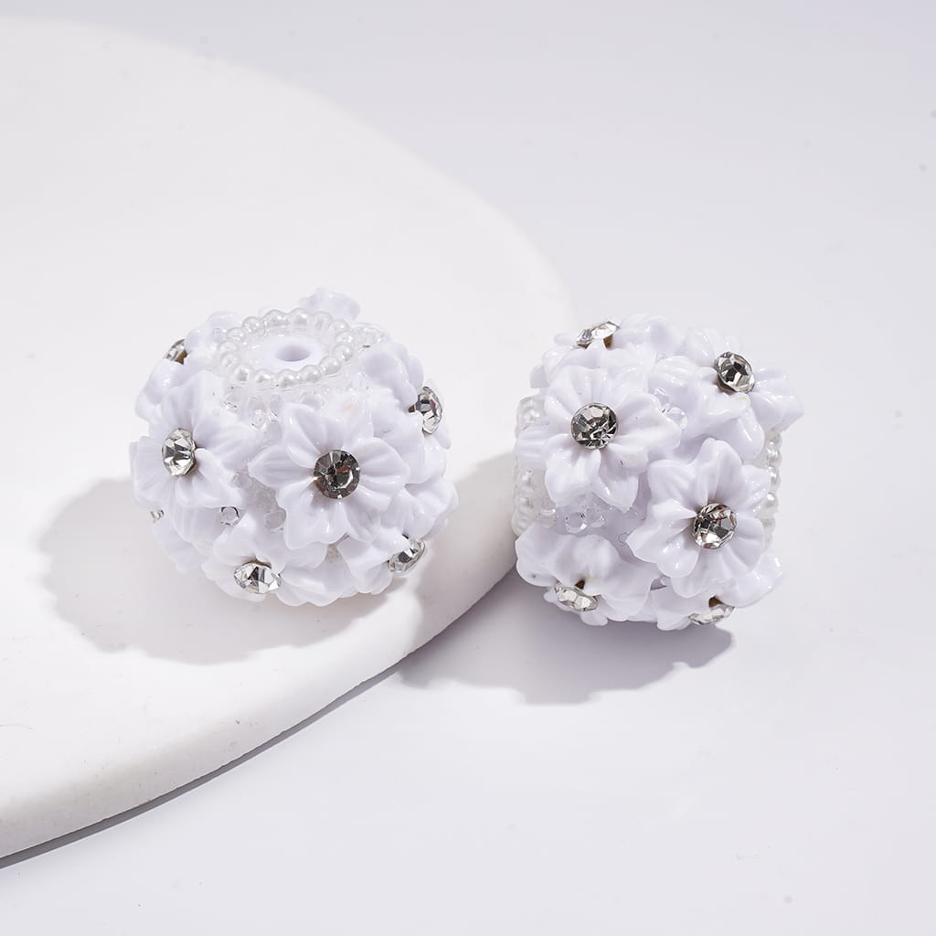 Multi-Color Cute Flowers Clear Rhinestone Inside White Pearls Ring Clear Sugars Round Clay Beads, 22MM