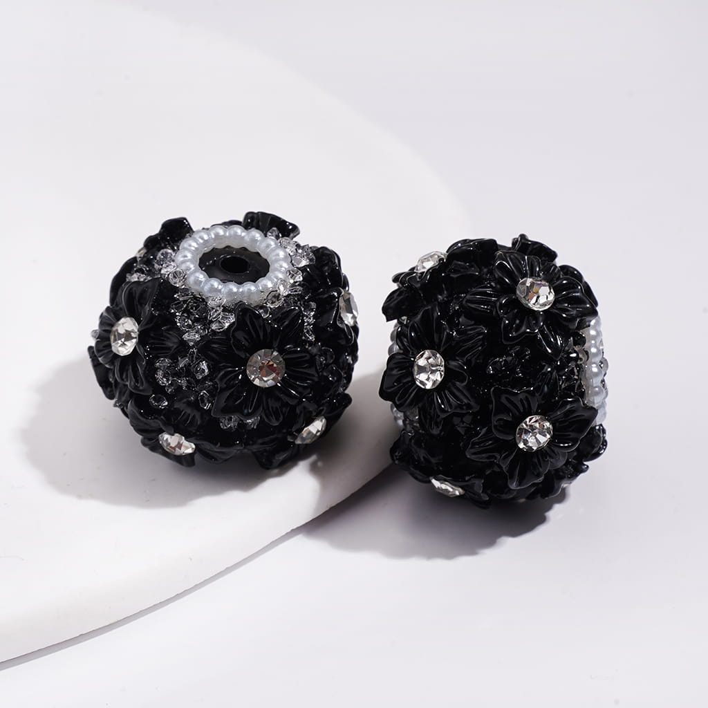 Multi-Color Cute Flowers Clear Rhinestone Inside White Pearls Ring Clear Sugars Round Clay Beads, 22MM