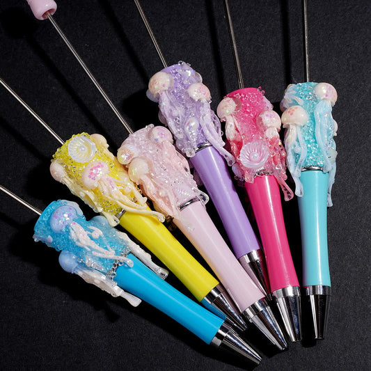 Hand-Made Beadable Sugar Clay Pens w UV-Coated Jellyfish & Broken Rhinestones & Ocean Creature Covered the Entire Pens, Multi-color