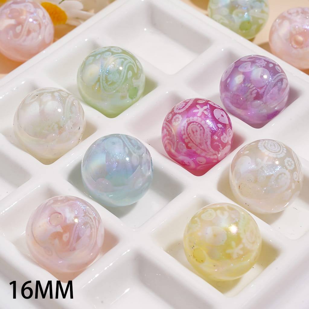 Acrylic Beads for Bracelets UV Coating with Traditional Paisley Designs Patterns, 16MM, Pastel Colors, Random Mix