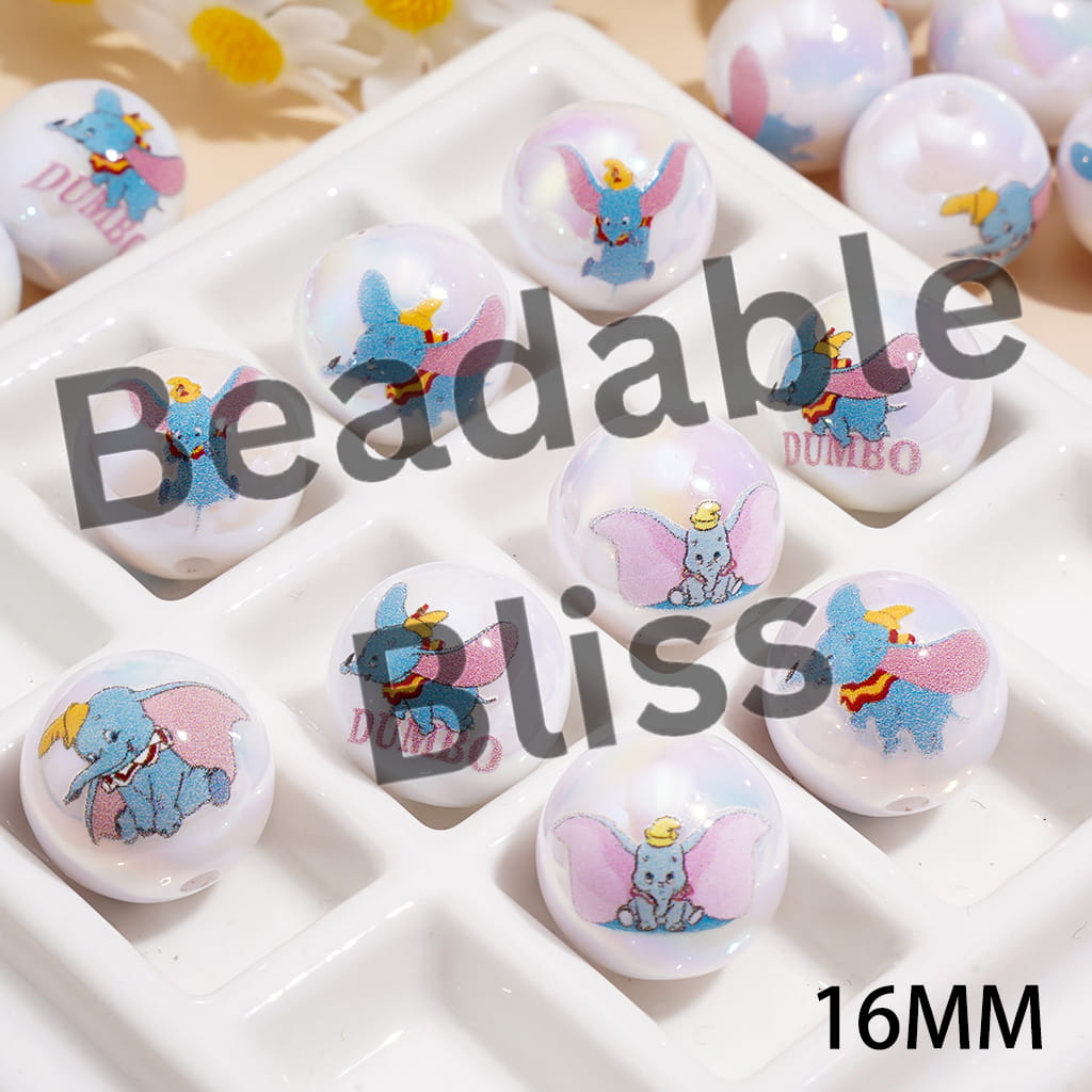 Acrylic Beads for Bracelets UV Coating w Classic Flying Elephant Character Prints, 16MM, Random Mix