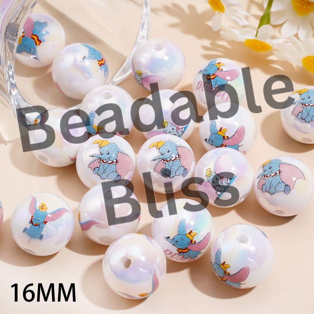 Acrylic Beads for Bracelets UV Coating w Classic Flying Elephant Character Prints, 16MM, Random Mix